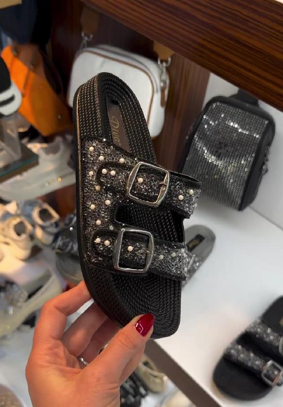 double buckle sequined sandals