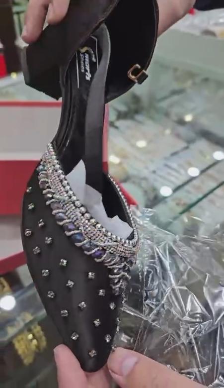 Black and red sequins embellished embroidered low heels