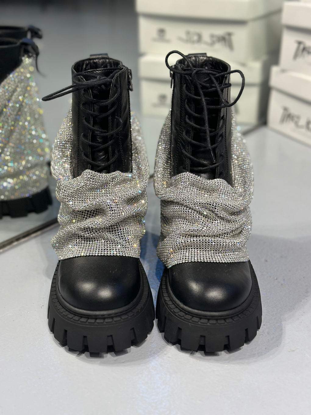 Elegant mid-calf boots with sequin trim