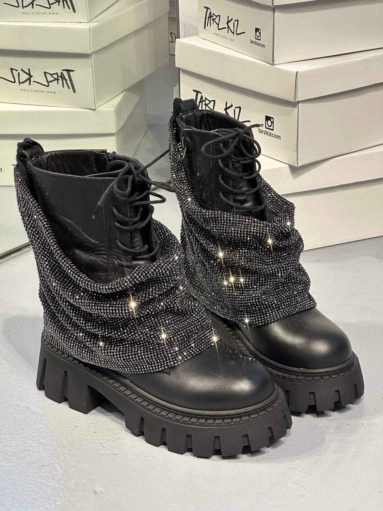 Elegant mid-calf boots with sequin trim