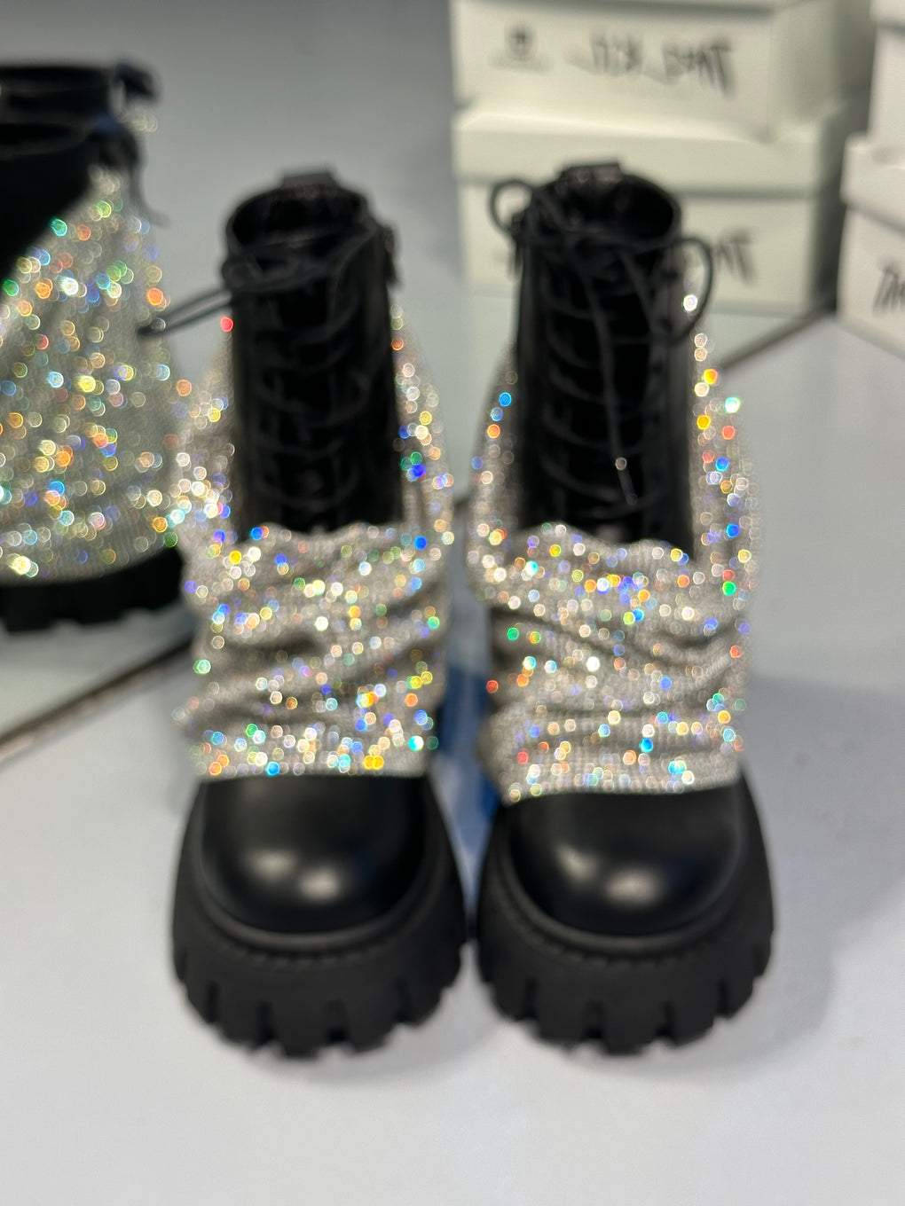 Elegant mid-calf boots with sequin trim