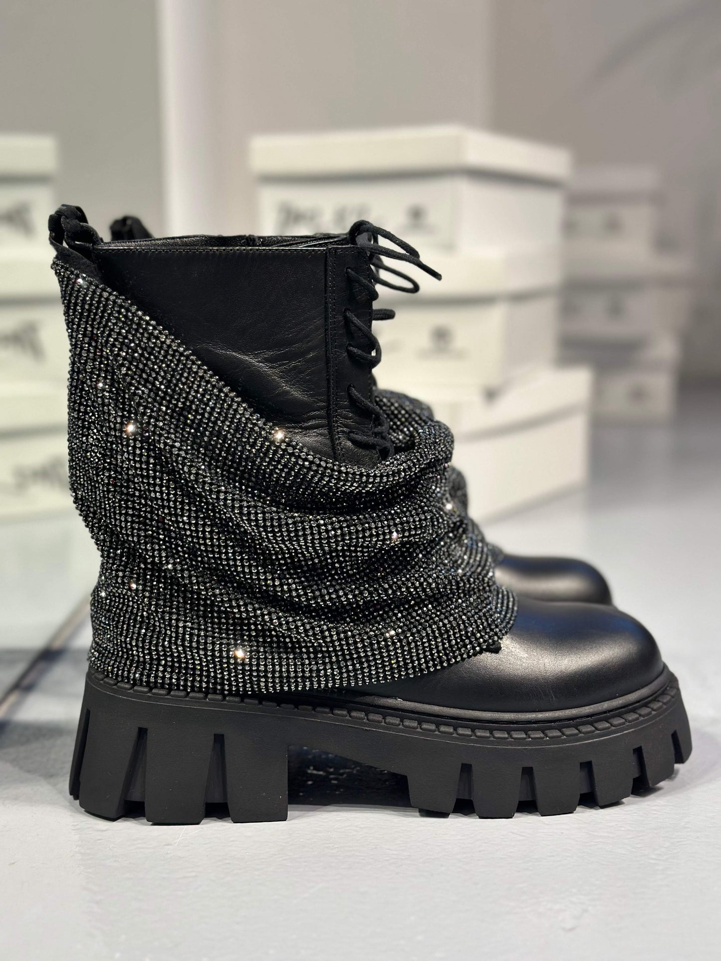 Elegant mid-calf boots with sequin trim