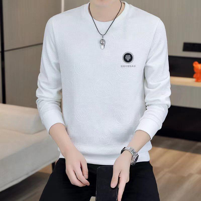 Men's Spring and Autumn Loose White Round Neck Long Sleeve T-shirt