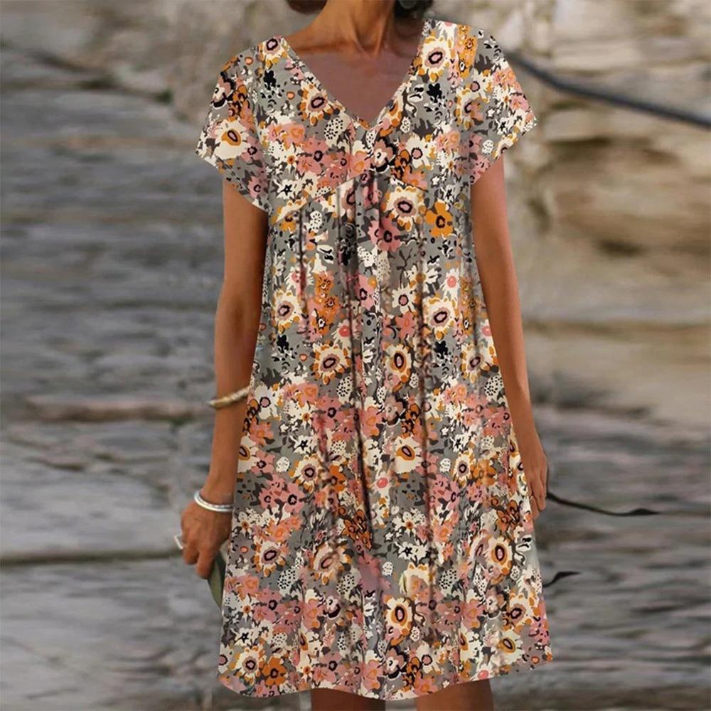 Casual Vintage Print V-Neck Short Sleeve Mini Dress