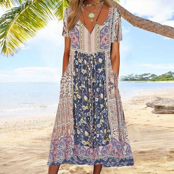 Women's Colorful Short Sleeve V-neck Graphic Floral Printed Midi Dress