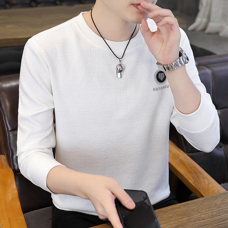 Men's Spring and Autumn Loose White Round Neck Long Sleeve T-shirt