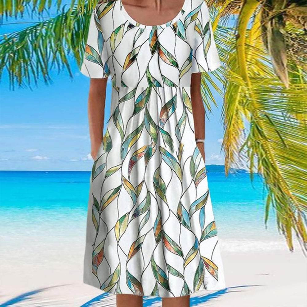 Fresh Short Sleeve Side Pocket Midi Dress