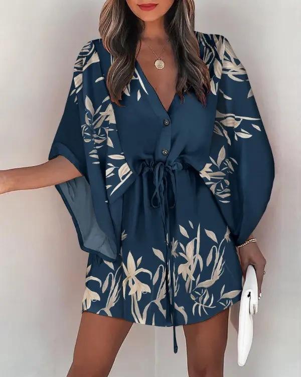 V-neck Lace Up Casual Holiday Dress