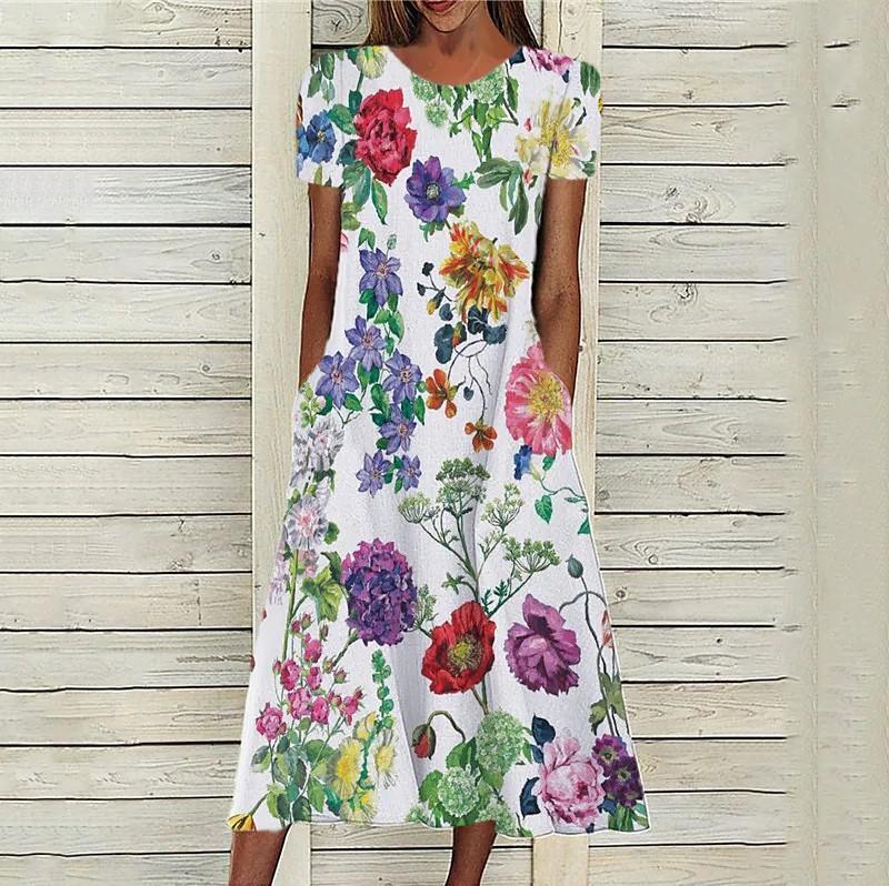 Women's A Line Short Sleeve Floral Pocket Vacation Dress