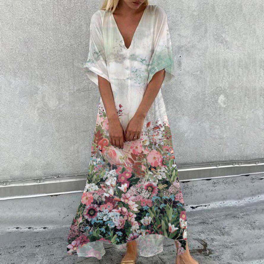 Casual Print V-Neck Half Sleeve Maxi Dress