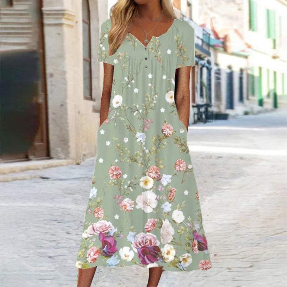 Stylish Short Sleeve Floral Print Midi Dress