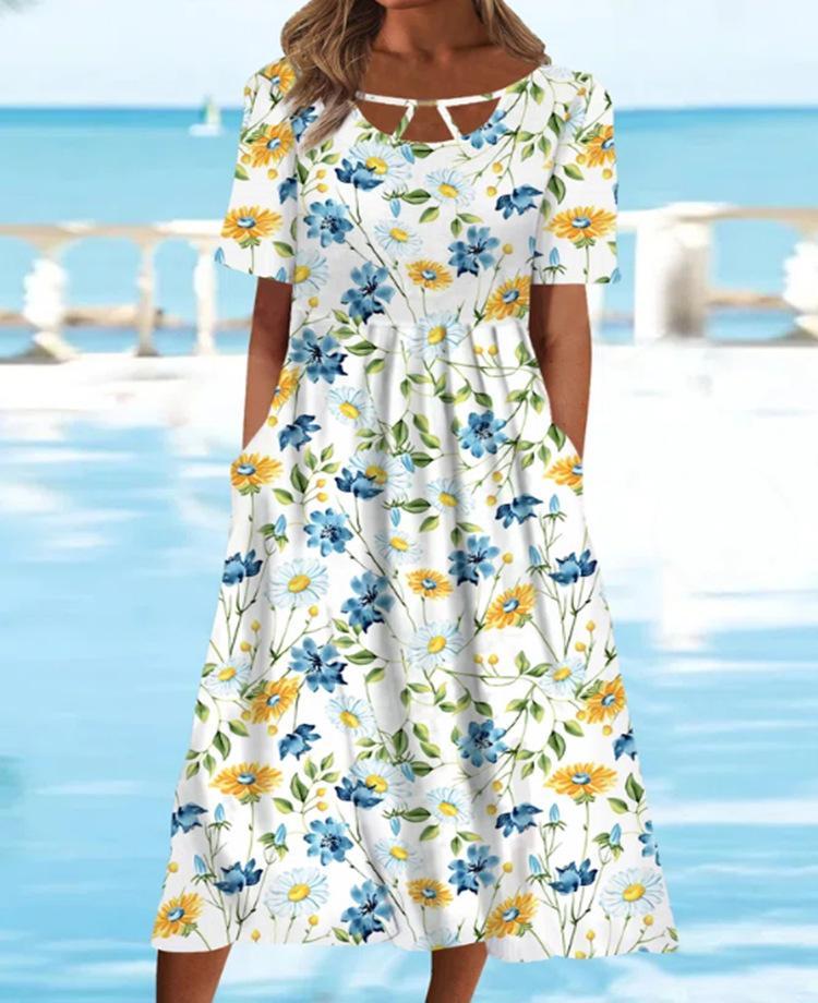 Casual Floral Print Short Sleeve Crew Neck Loose Dress