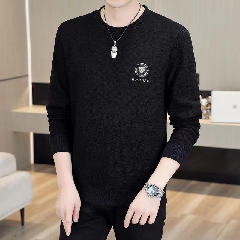 Men's Spring and Autumn Loose White Round Neck Long Sleeve T-shirt