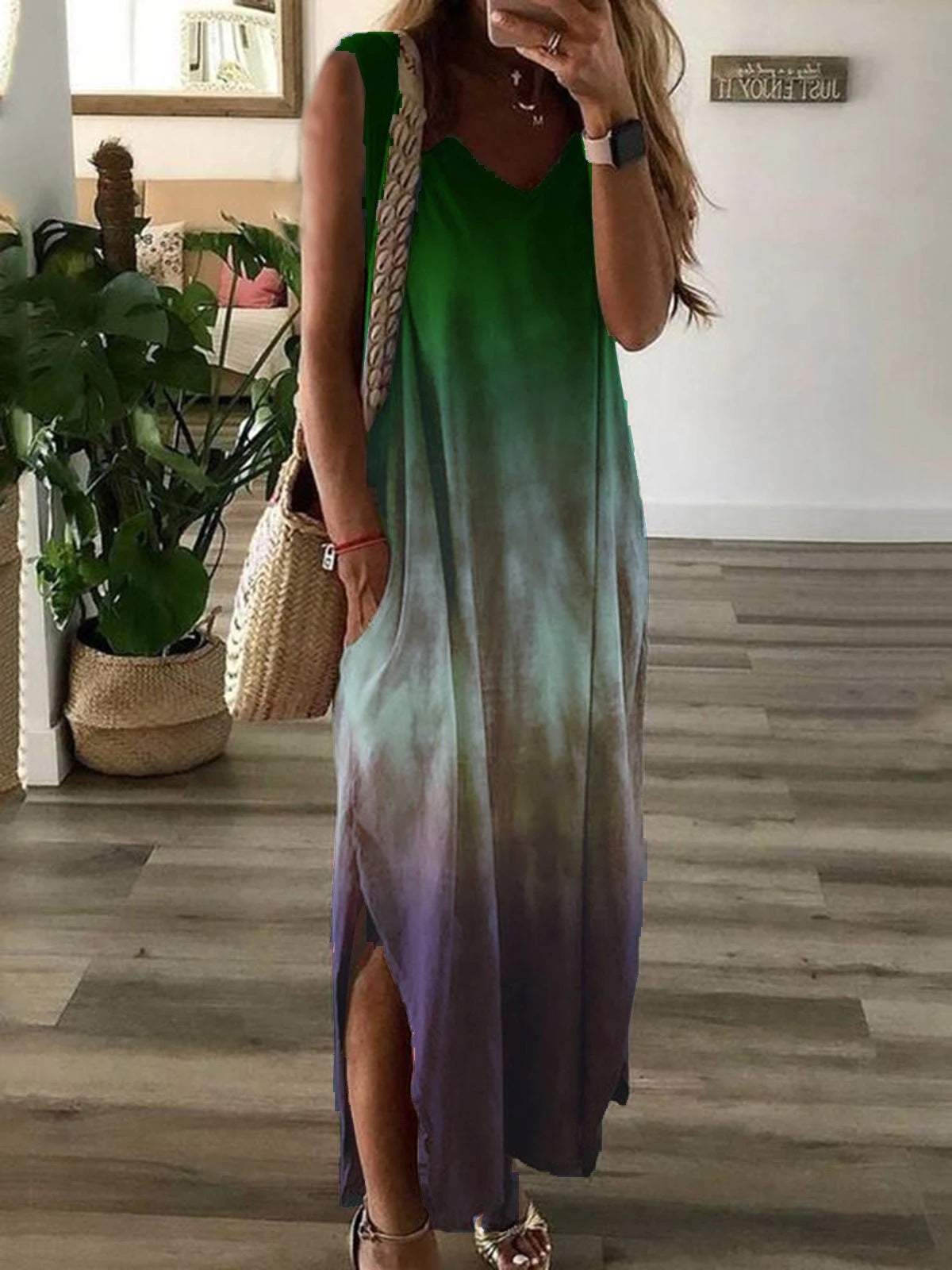 V-neck tie-dye printed sleeveless long dress