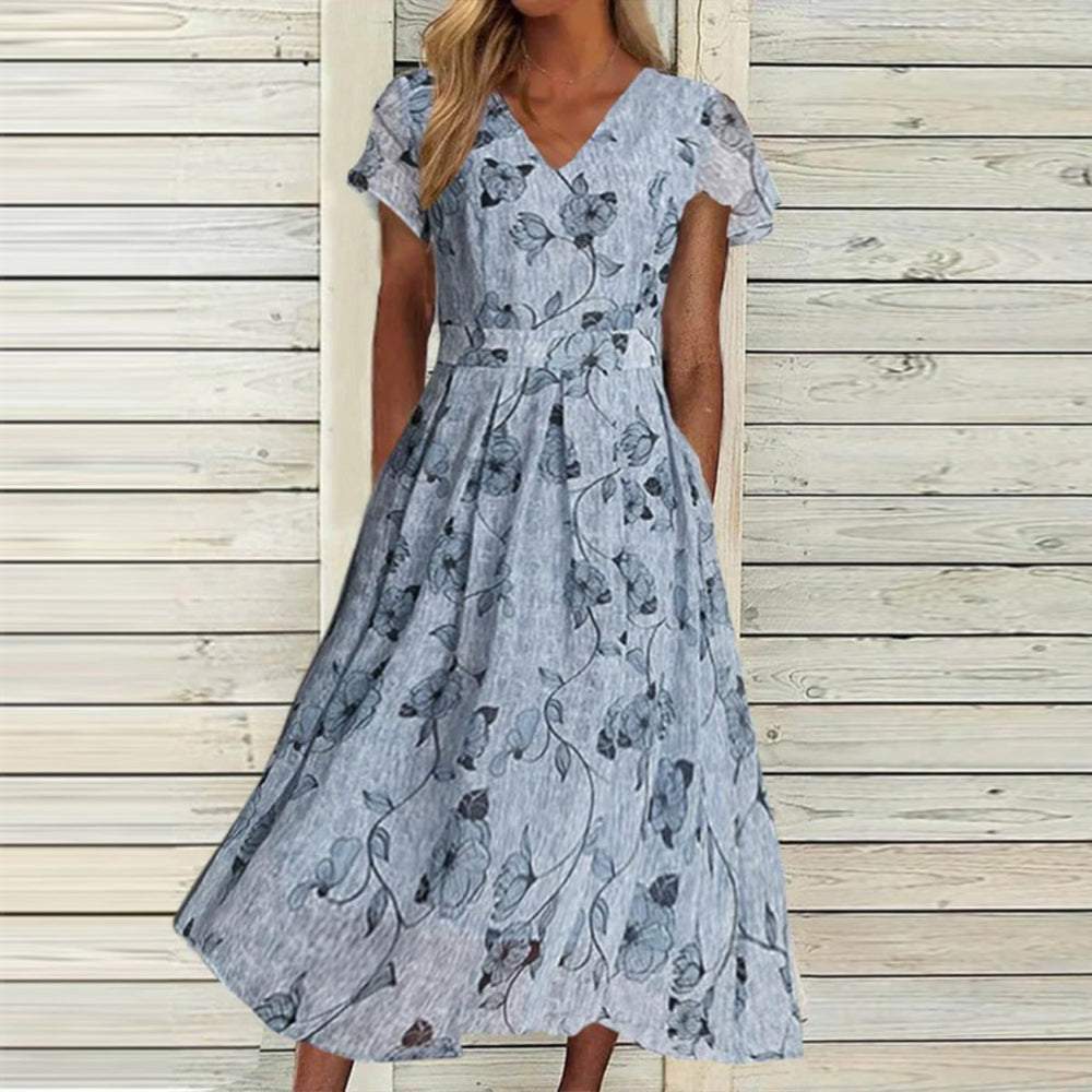 Temperament V-Neck Print Midi Dress