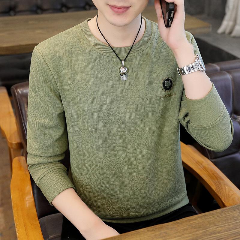 Men's Spring and Autumn Loose White Round Neck Long Sleeve T-shirt