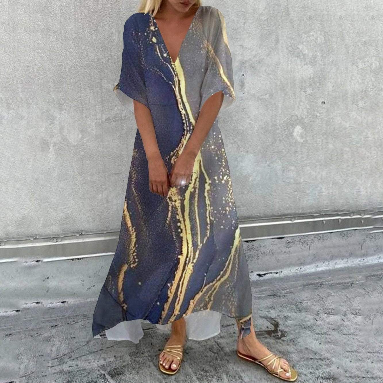 Casual Print V-Neck Half Sleeve Maxi Dress