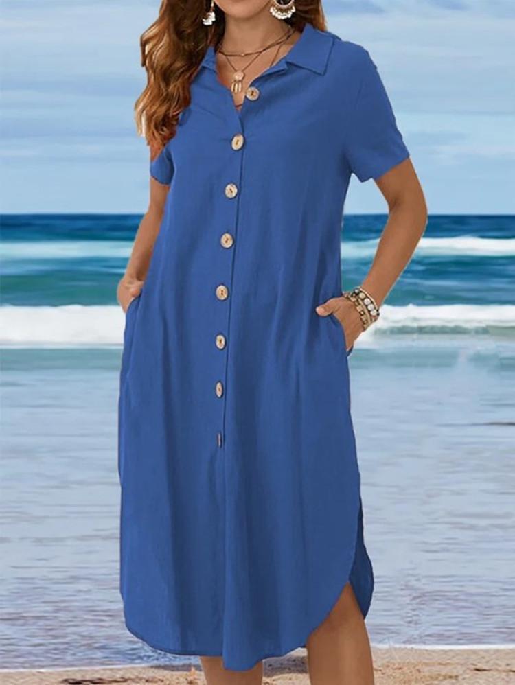 Lapel Short Sleeve Casual Cotton Linen Shirt Dress