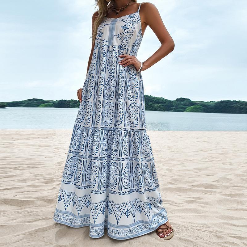 Youthful Sleeveless Print Blue Maxi Dress