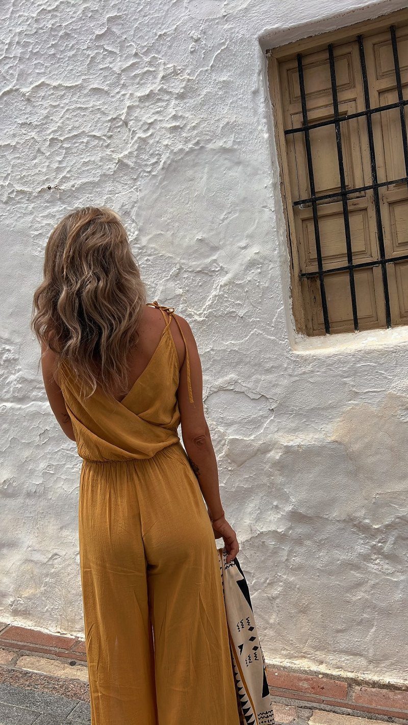 SHORE THING BABE ELASTIC WAIST SLIT WIDE LEG JUMPSUIT