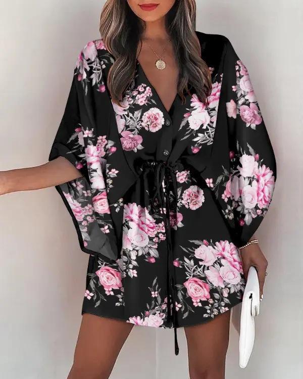 V-neck Lace Up Casual Holiday Dress