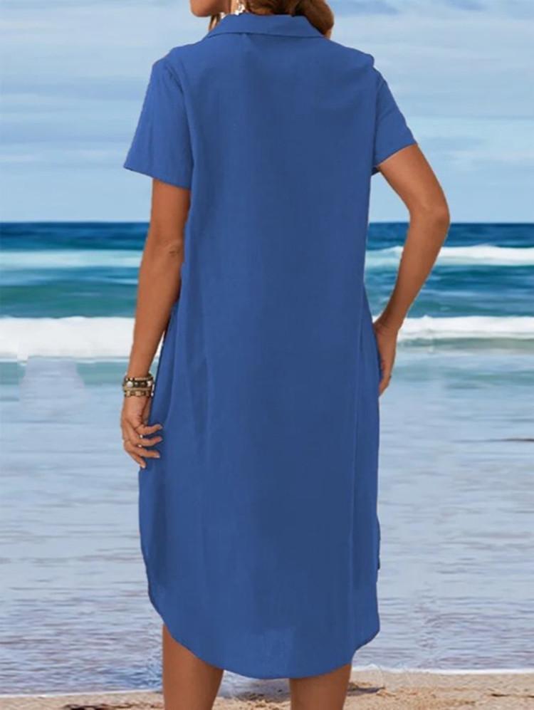 Lapel Short Sleeve Casual Cotton Linen Shirt Dress