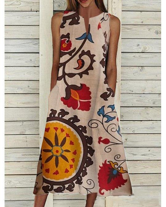 Printed V-neck Sleeveless Dress