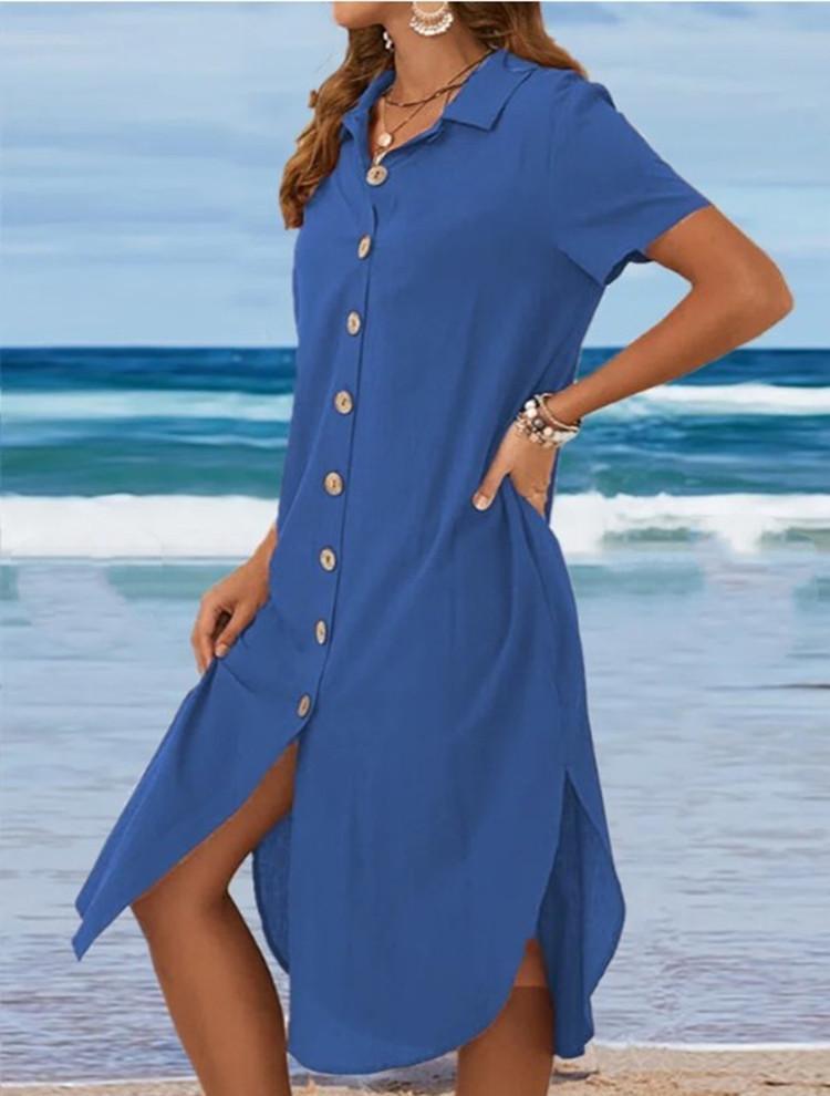 Lapel Short Sleeve Casual Cotton Linen Shirt Dress