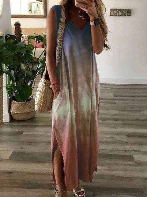 V-neck tie-dye printed sleeveless long dress