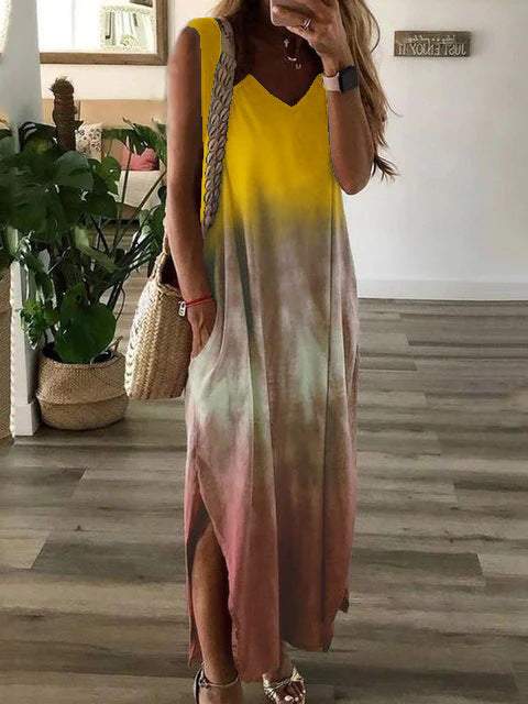 V-neck tie-dye printed sleeveless long dress