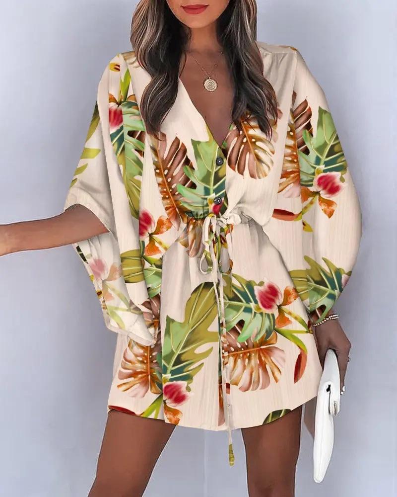 V-neck Lace Up Casual Holiday Dress