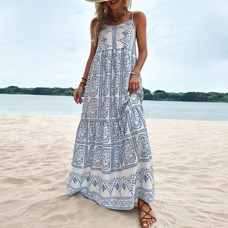 Youthful Sleeveless Print Blue Maxi Dress
