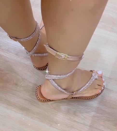 Gold Ribbon Wrap Flat Sandals