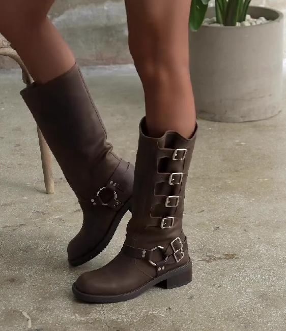 Strap buckle mid length boots