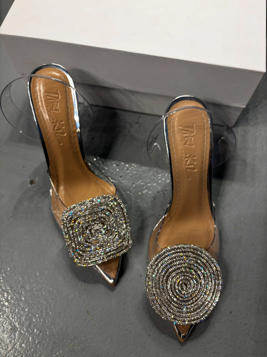 Silver Sequined Square Round Transparent High Heels