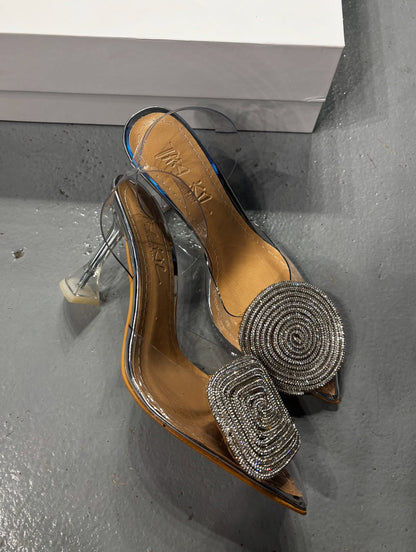 Silver Sequined Square Round Transparent High Heels