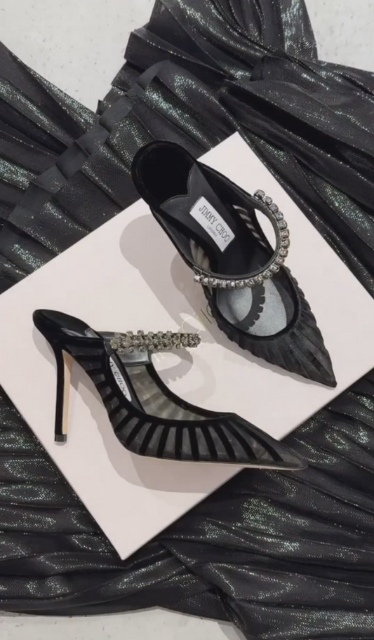 Black lace rhinestone strappy high heels