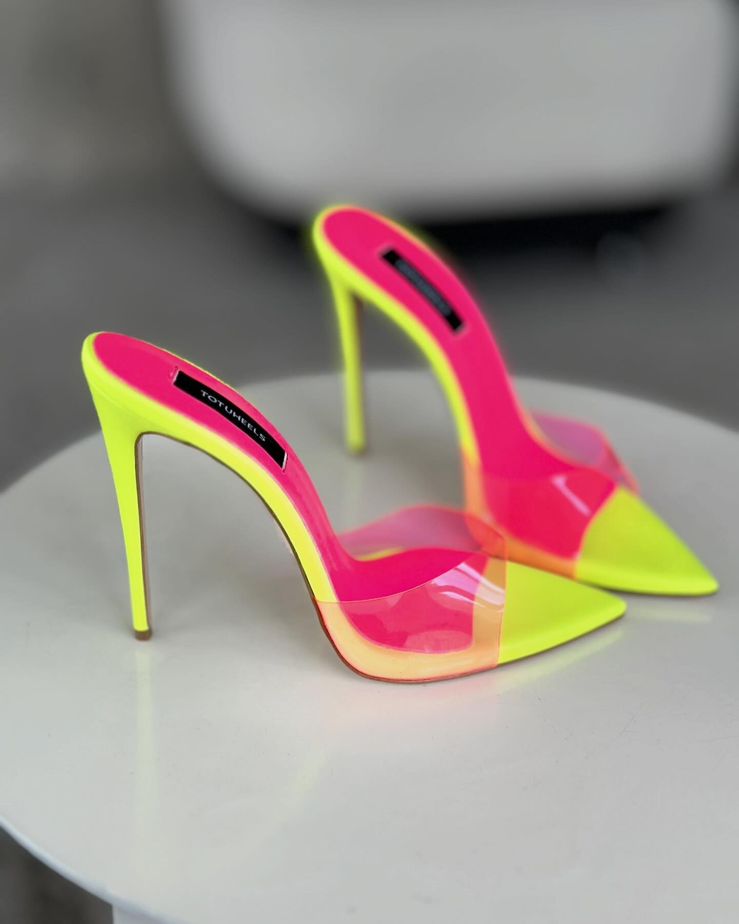 Yellow transparent pink strappy high heels