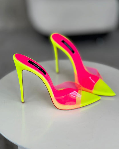 Yellow transparent pink strappy high heels