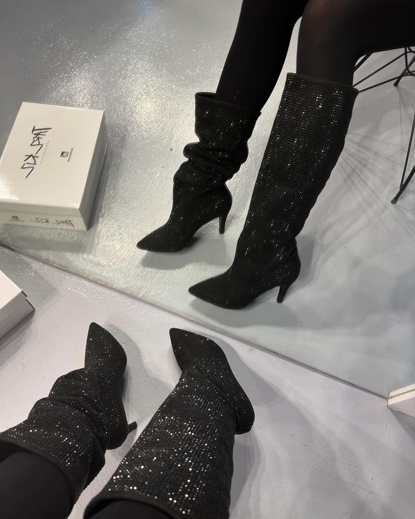 Soft black diamond high-heeled boots