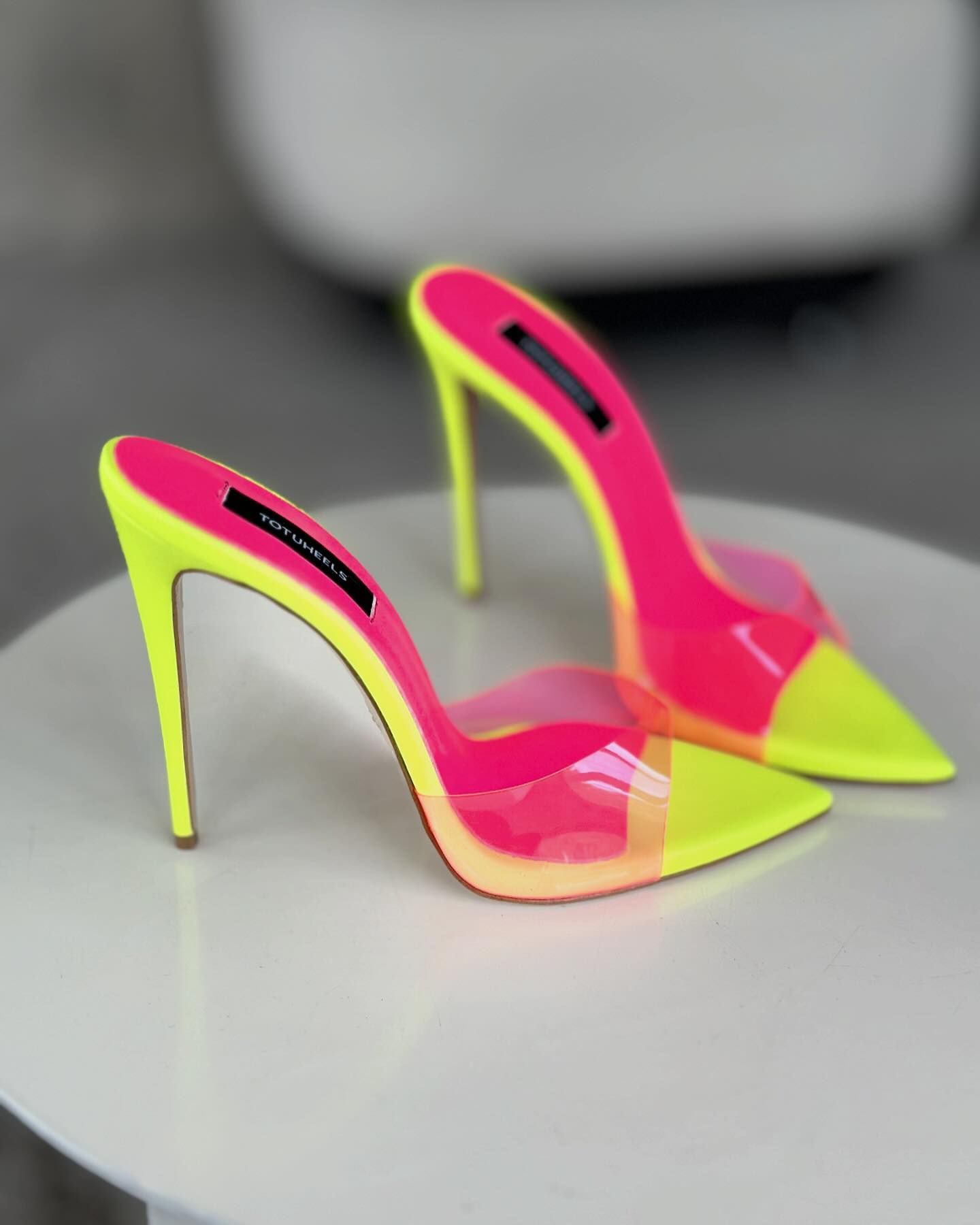 Yellow transparent pink strappy high heels