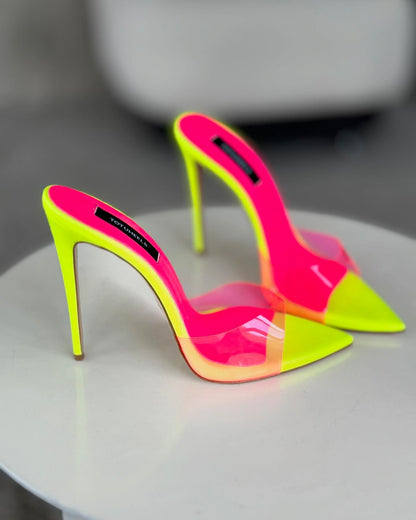 Yellow transparent pink strappy high heels