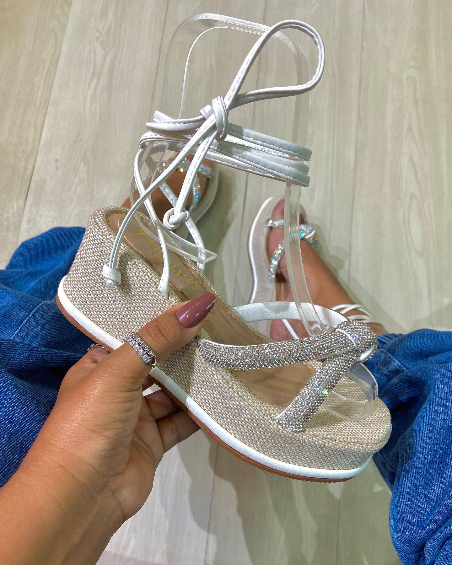 High-top leather strappy sequined sandals