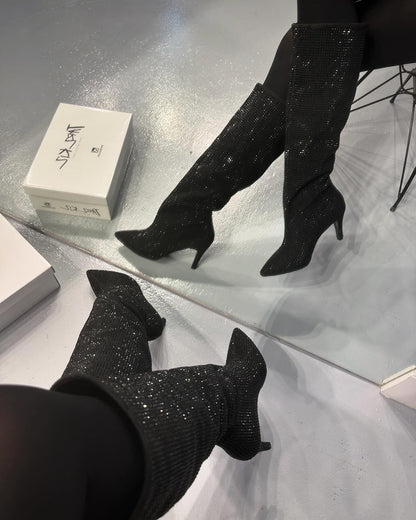 Soft black diamond high-heeled boots