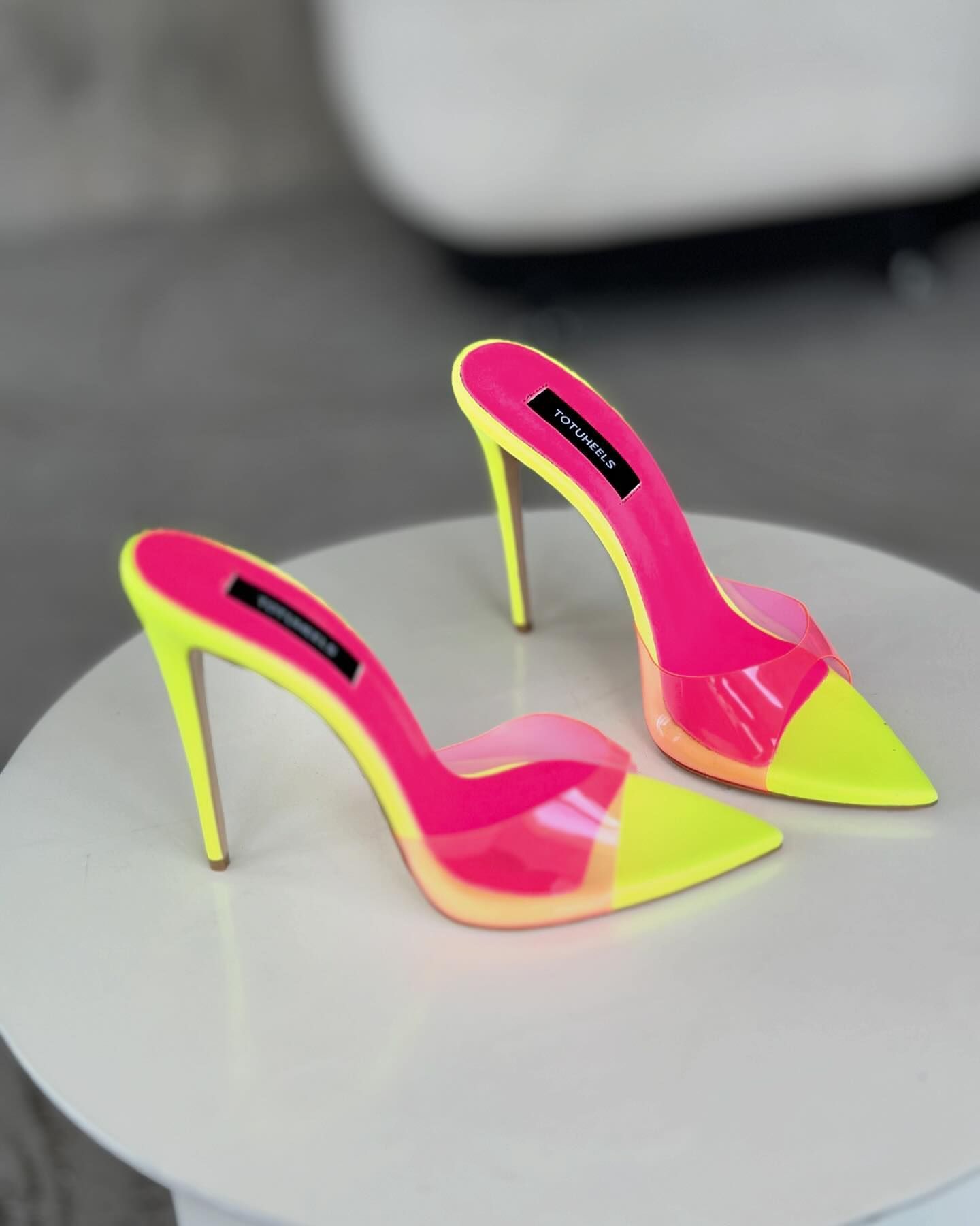 Yellow transparent pink strappy high heels