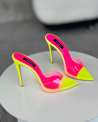 Yellow transparent pink strappy high heels