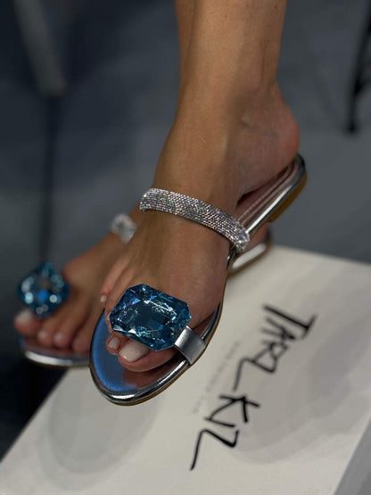 Blue Gem Silver Strappy Sandals