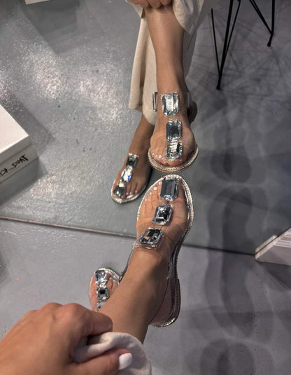 Silver three large crystal sandals