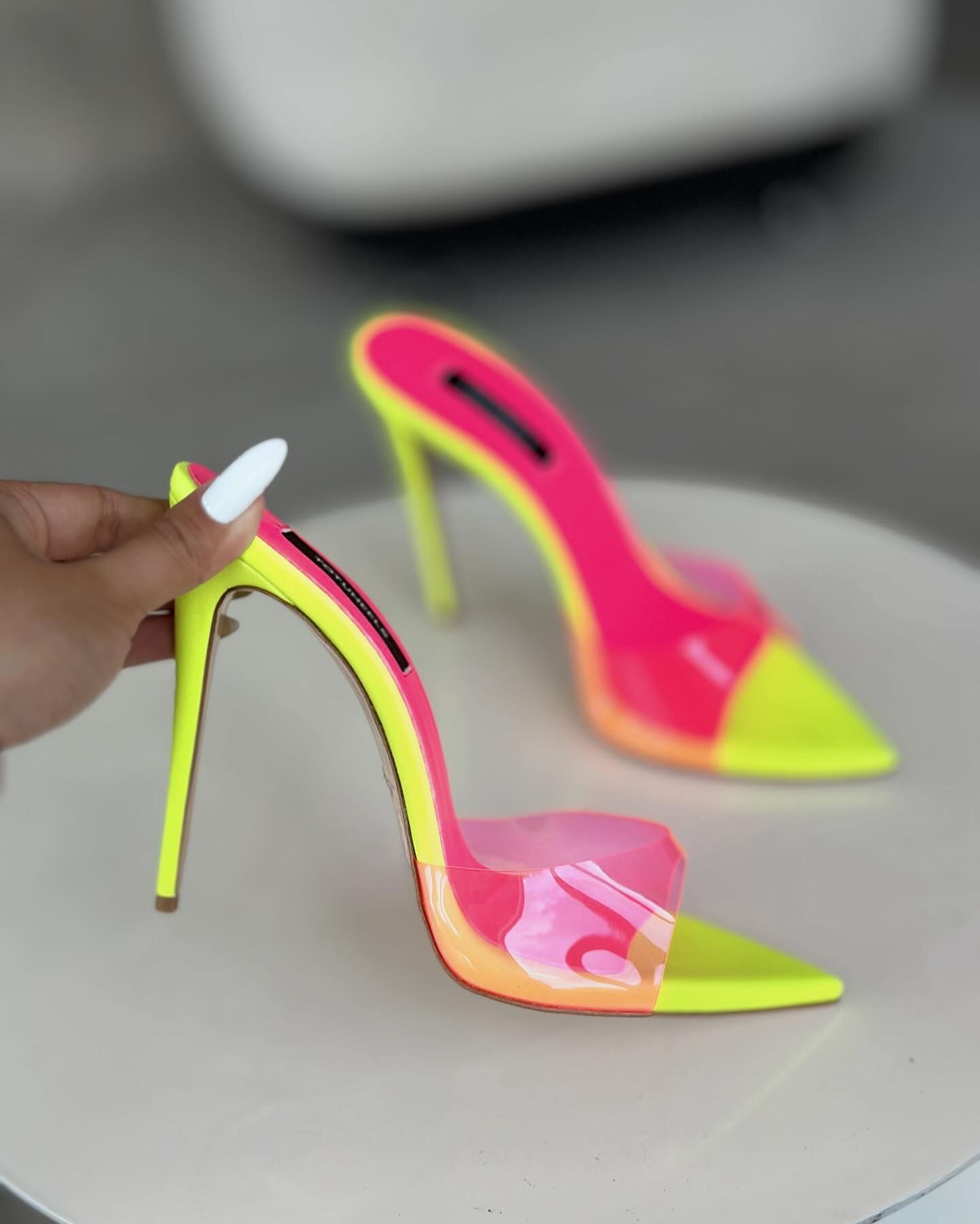 Yellow transparent pink strappy high heels