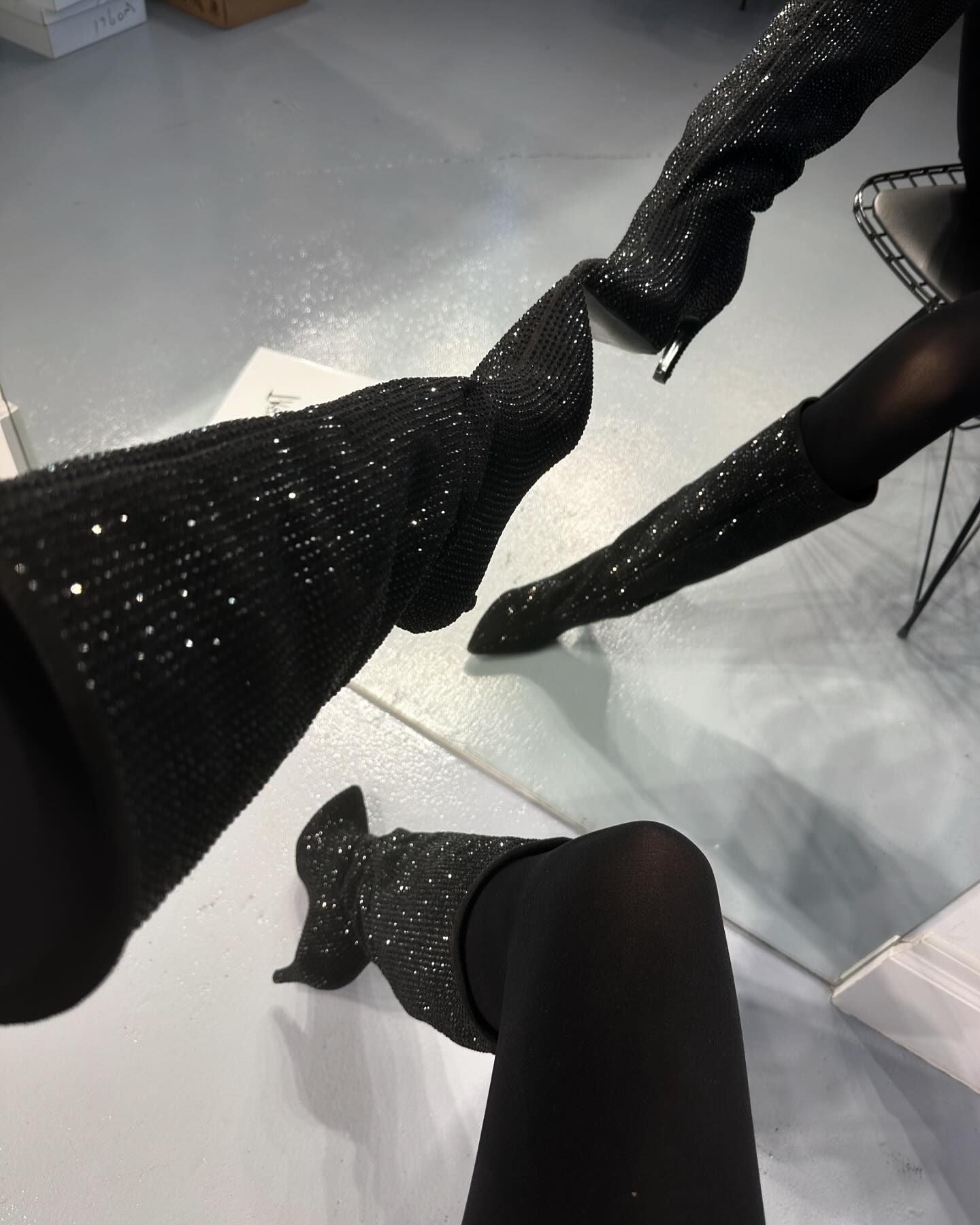 Soft black diamond high-heeled boots